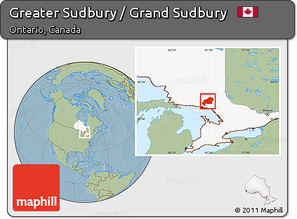 Savanna Style Location Map of Greater Sudbury / Grand Sudbury, highlighted parent region, hill shading