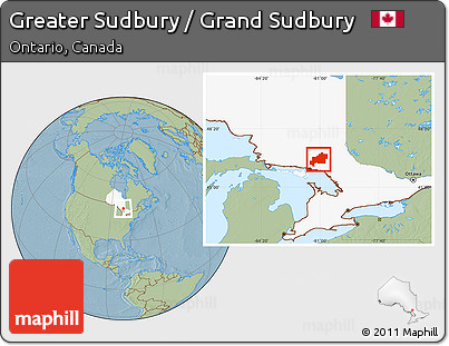 Savanna Style Location Map of Greater Sudbury / Grand Sudbury, highlighted parent region, hill shading