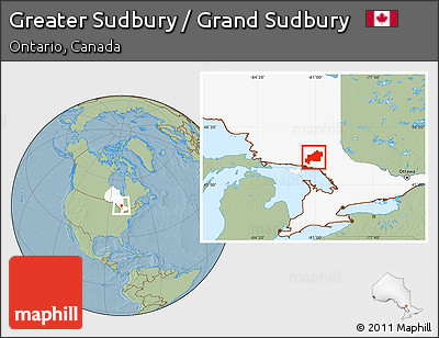 Savanna Style Location Map of Greater Sudbury / Grand Sudbury, highlighted parent region, hill shading