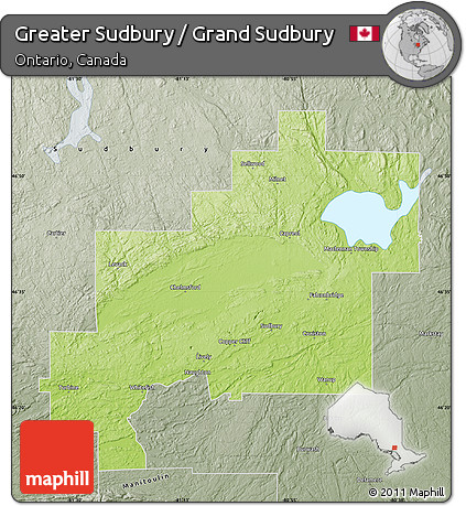 Physical Map of Greater Sudbury / Grand Sudbury, semi-desaturated