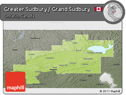 Physical Panoramic Map of Greater Sudbury / Grand Sudbury, darken, semi-desaturated