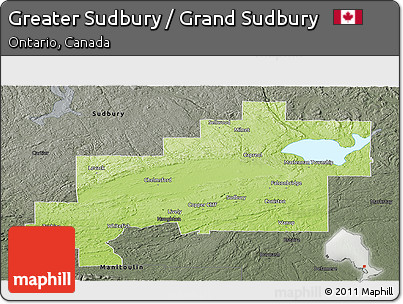 Physical Panoramic Map of Greater Sudbury / Grand Sudbury, darken, semi-desaturated