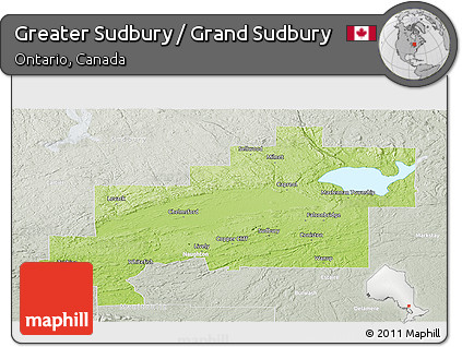 Physical Panoramic Map of Greater Sudbury / Grand Sudbury, lighten, semi-desaturated