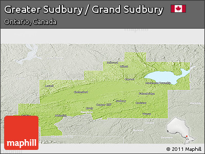 Physical Panoramic Map of Greater Sudbury / Grand Sudbury, lighten, semi-desaturated