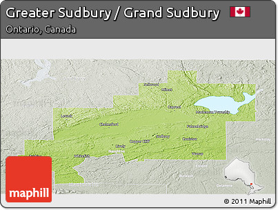 Physical Panoramic Map of Greater Sudbury / Grand Sudbury, lighten, semi-desaturated