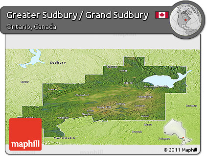 Satellite Panoramic Map of Greater Sudbury / Grand Sudbury, physical outside