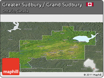 Satellite Panoramic Map of Greater Sudbury / Grand Sudbury, semi-desaturated