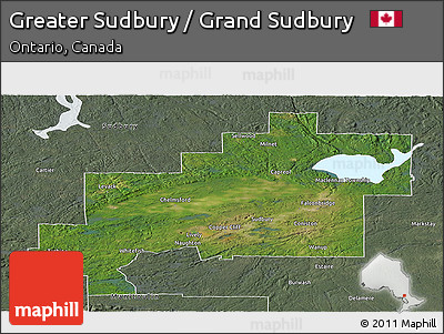 Satellite Panoramic Map of Greater Sudbury / Grand Sudbury, semi-desaturated