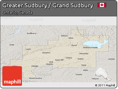 Shaded Relief Panoramic Map of Greater Sudbury / Grand Sudbury, semi-desaturated