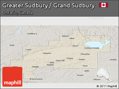 Shaded Relief Panoramic Map of Greater Sudbury / Grand Sudbury, semi-desaturated