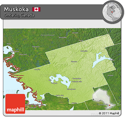 Physical 3D Map of Muskoka, satellite outside