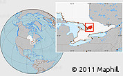 Gray Location Map of Muskoka, highlighted parent region, hill shading