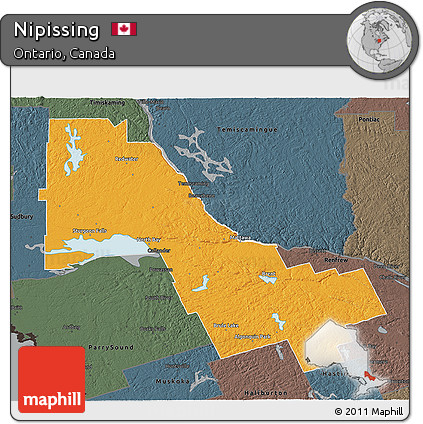 Political 3D Map of Nipissing, darken, semi-desaturated