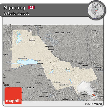 Shaded Relief 3D Map of Nipissing, darken, semi-desaturated