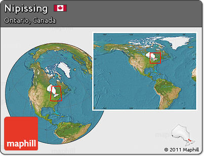 Satellite Location Map of Nipissing, highlighted parent region, within the entire country