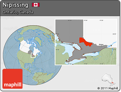Savanna Style Location Map of Nipissing, highlighted country, highlighted parent region, hill shading