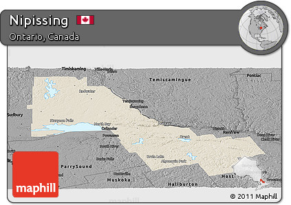 Shaded Relief Panoramic Map of Nipissing, darken, desaturated
