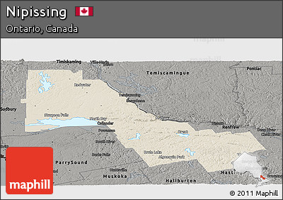 Shaded Relief Panoramic Map of Nipissing, darken, semi-desaturated