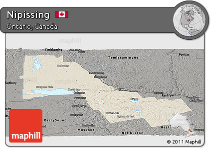 Shaded Relief Panoramic Map of Nipissing, darken, semi-desaturated