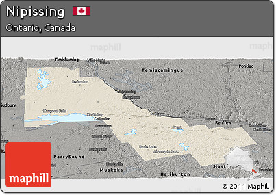 Shaded Relief Panoramic Map of Nipissing, darken, semi-desaturated