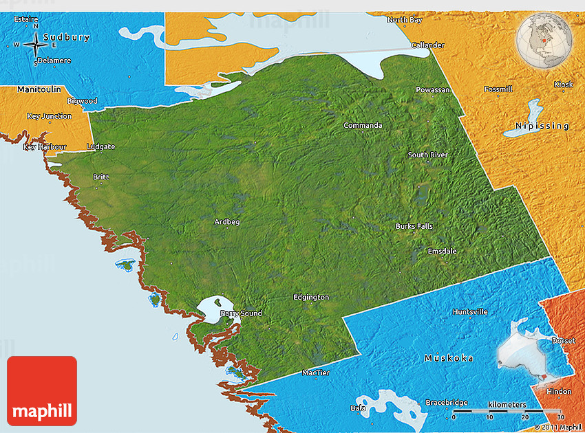 Satellite 3D Map of Parry Sound, political outside