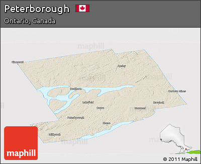 Shaded Relief Panoramic Map of Peterborough, single color outside