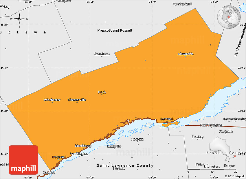 Political Simple Map of Stormont, Dundas and Glengarry, single color
