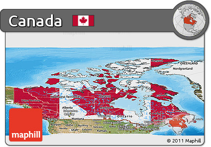 Flag Panoramic Map of Canada, satellite outside, bathymetry sea, flag centered