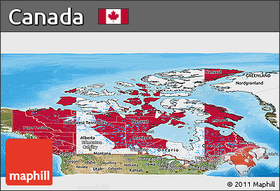 Flag Panoramic Map of Canada, satellite outside, bathymetry sea, flag centered