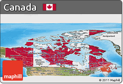 Flag Panoramic Map of Canada, satellite outside, bathymetry sea, flag centered