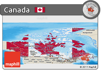 Flag Panoramic Map of Canada, shaded relief outside, bathymetry sea