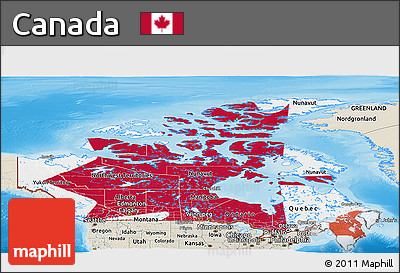 Flag Panoramic Map of Canada, shaded relief outside, flag aligned to the middle