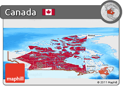 Flag Panoramic Map of Canada, single color outside, bathymetry sea, flag aligned to the middle