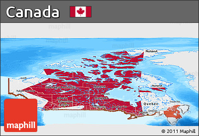 Flag Panoramic Map of Canada, single color outside, bathymetry sea, flag aligned to the middle