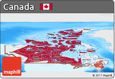 Flag Panoramic Map of Canada, single color outside, bathymetry sea, flag aligned to the middle