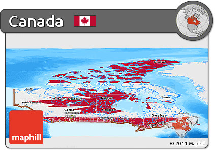 Flag Panoramic Map of Canada, single color outside, bathymetry sea, flag rotated