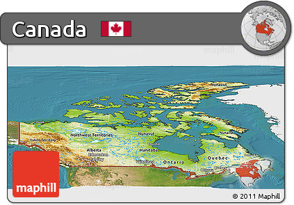 Physical Panoramic Map of Canada, single color outside, satellite sea