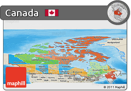 Political Panoramic Map of Canada, shaded relief outside, bathymetry sea