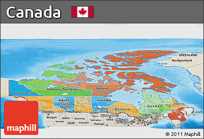 Political Panoramic Map of Canada, shaded relief outside, bathymetry sea