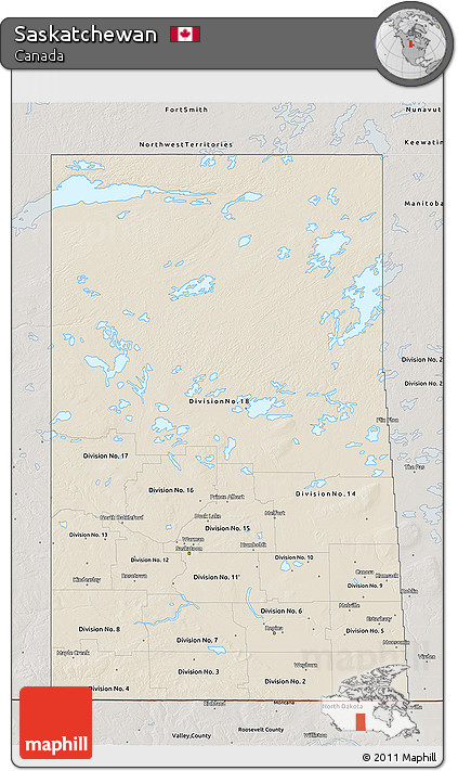 Shaded Relief 3D Map of Saskatchewan, semi-desaturated