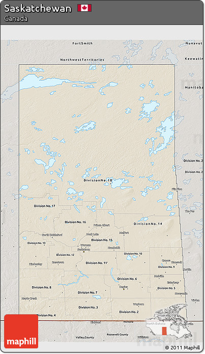 Shaded Relief 3D Map of Saskatchewan, semi-desaturated