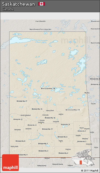 Shaded Relief 3D Map of Saskatchewan, semi-desaturated