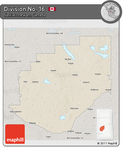 Shaded Relief 3D Map of Division No. 16, semi-desaturated