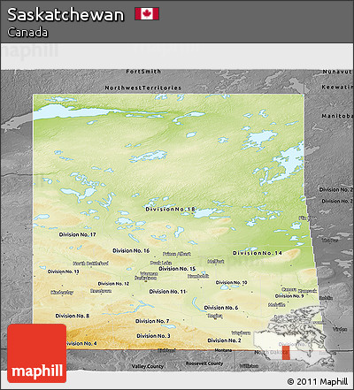 Physical Panoramic Map of Saskatchewan, darken, desaturated