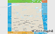 Shaded Relief Panoramic Map of Saskatchewan, political shades outside