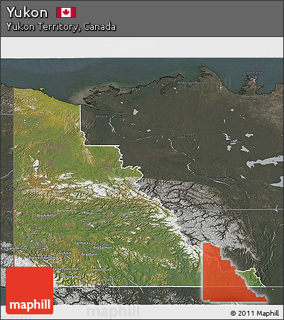Satellite 3D Map of Yukon, darken, semi-desaturated