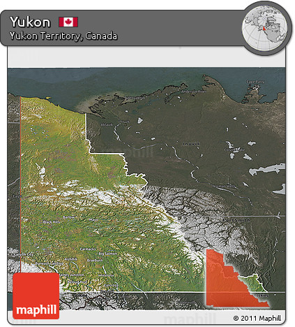 Satellite 3D Map of Yukon, darken, semi-desaturated
