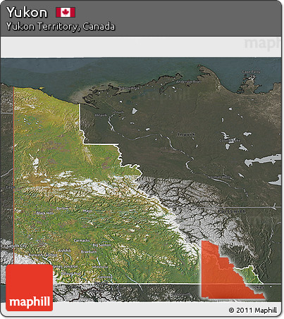 Satellite 3D Map of Yukon, darken, semi-desaturated
