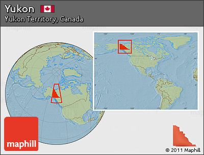 Savanna Style Location Map of Yukon, within the entire country, hill shading
