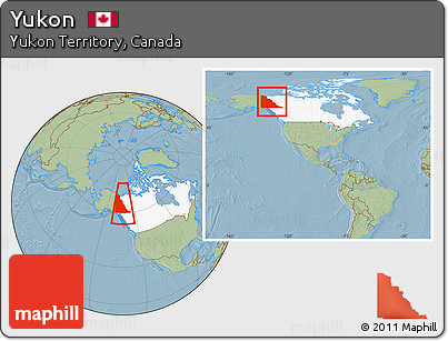 Savanna Style Location Map of Yukon, highlighted country, highlighted parent region, within the entire country, hill shading